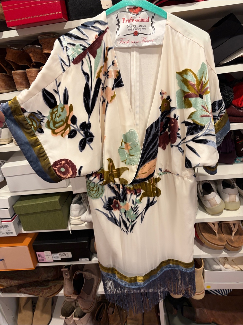 REVOLVE Cream Floral Kimono Mini Dress with Fringe Hem. Wrap around Fringe Hem.